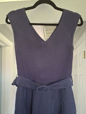 Ted Baker Navy Ribbed V-Neck Wide-Leg Jumpsuit with Self-Tie Belt